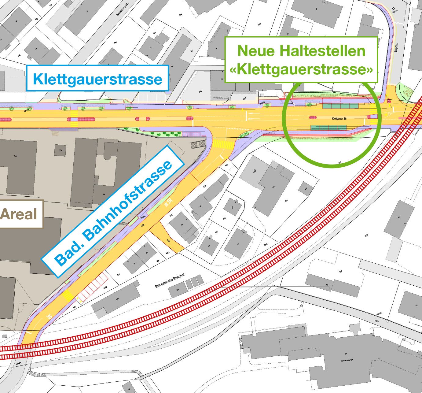 Die Badische Bahnhofstrasse wird von der Barriere bis zur Einmündung in die Klettgauerstrasse ebenfalls saniert und aufgewertet.