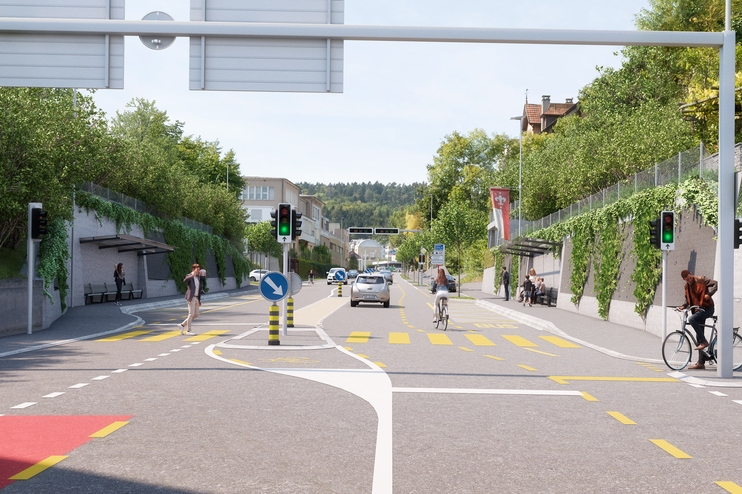 Visualisierung: die beiden neuen Bushaltestellen Zelgstrasse Ost (in Fahrtrichtung Klettgau) und Zelgstrasse West (in Fahrtrichtung Zentrum).