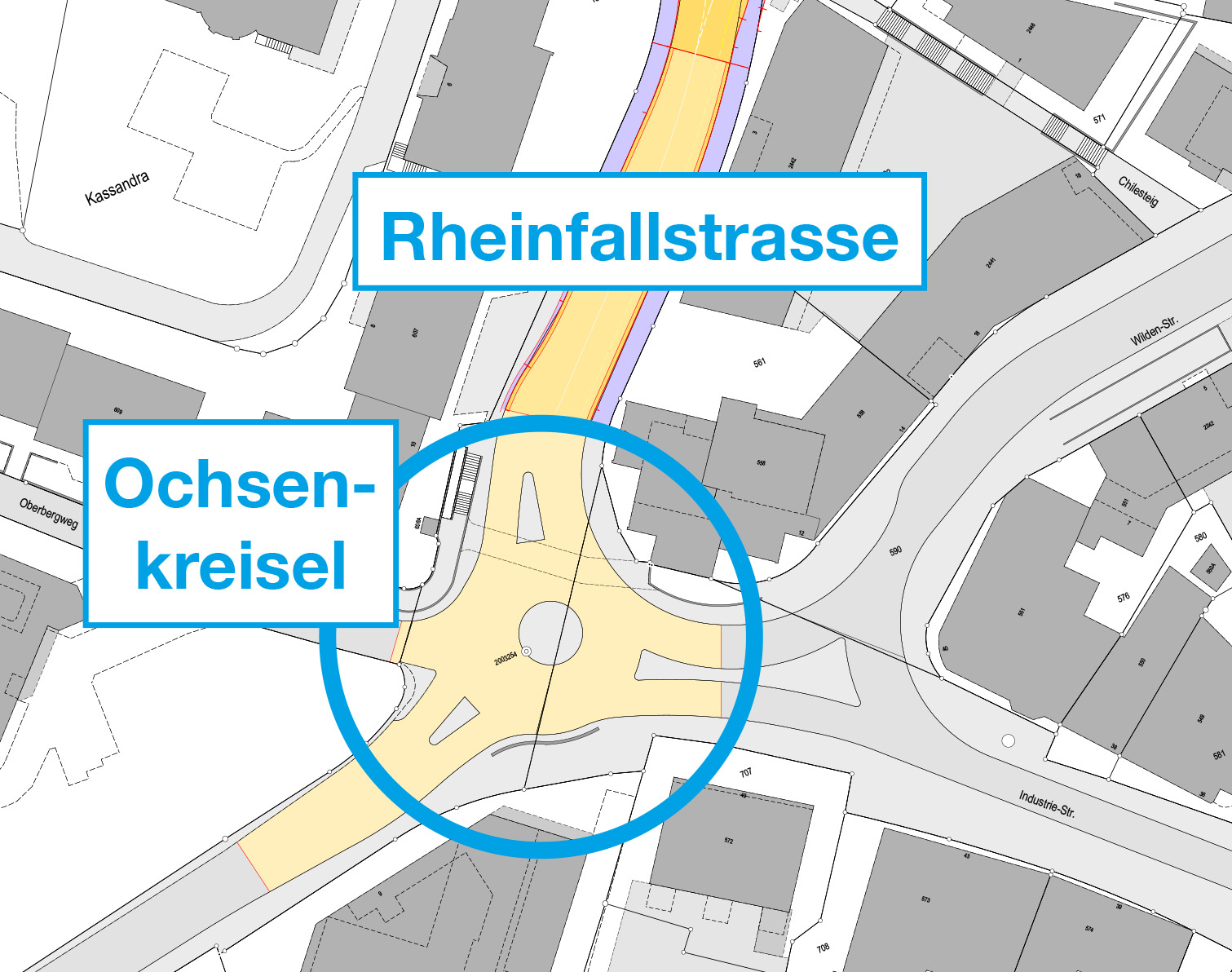 Plan: Rheinfallstrasse und Ochsenkreisel bei der Einfahrt ins Zentrum von Neuhausen werden voraussichtlich im Herbst 2026 saniert. 